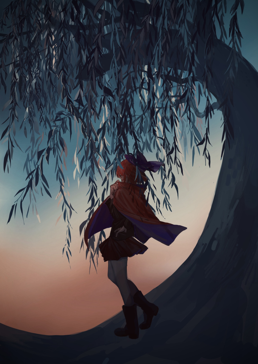 1girl adjusting_clothes black_footwear black_shirt blue_bow boots bow cape dusk from_behind full_body hair_bow hand_on_own_hip hand_up hawai-tari highres looking_ahead outdoors red_cape red_eyes red_skirt sekibanki shirt short_hair skirt solo touhou tree