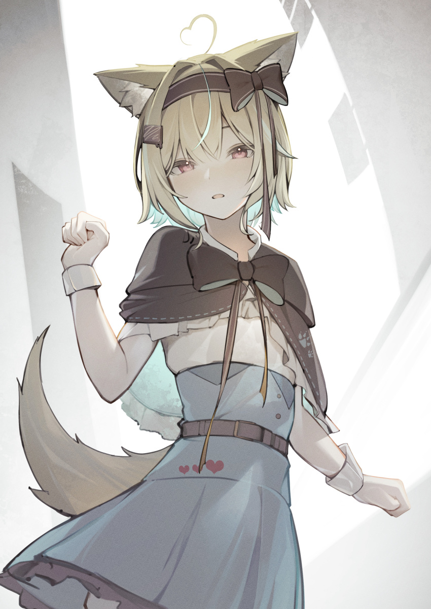 1girl absurdres ahoge akuto_(akuto_desu) amakami_konomi animal_ear_fluff animal_ears black_capelet black_hairband blonde_hair blue_skirt bow_hairband capelet colored_inner_hair commission dog_ears dog_tail hairband heart heart_ahoge high-waist_skirt highres indie_virtual_youtuber looking_at_viewer miniskirt multicolored_hair paw_pose red_eyes shirt short_hair skeb_commission skirt solo tail virtual_youtuber white_shirt wrist_cuffs