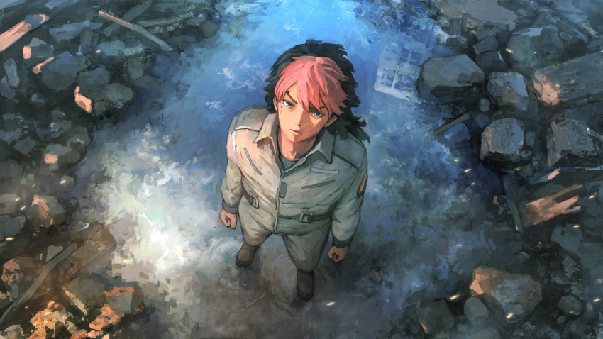 1boy arms_at_sides belt black_belt black_footwear black_hair blue_eyes boots clenched_hands end_card from_above grey_jumpsuit guel_jeturk gundam gundam_suisei_no_majo jumpsuit long_hair looking_up male_focus mole mole_under_eye official_art pink_hair rubble solo tokunaga_akimasa v-shaped_eyebrows water