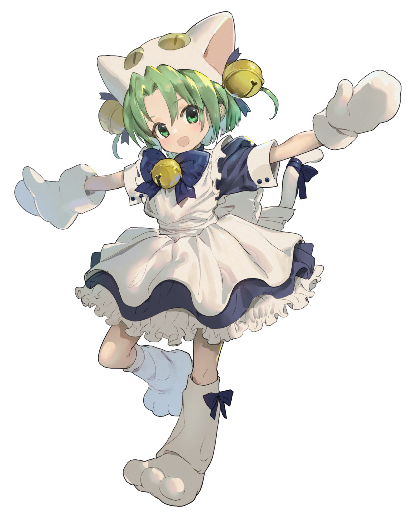 1girl absurdres animal_hat apron bell blue_bow blue_bowtie blue_dress blue_ribbon boots bow bowtie cat_hat cat_tail commentary dejiko di_gi_charat dress frills full_body green_eyes green_hair hair_bell hair_ornament hair_ribbon hat highres jingle_bell looking_at_viewer maid_apron medium_hair mittens neck_bell open_mouth outstretched_arms parted_bangs paw_shoes ribbon short_sleeves simple_background solo spread_arms standing standing_on_one_leg tail tail_ornament tail_ribbon tanakalma white_apron white_background white_footwear white_headwear white_mittens