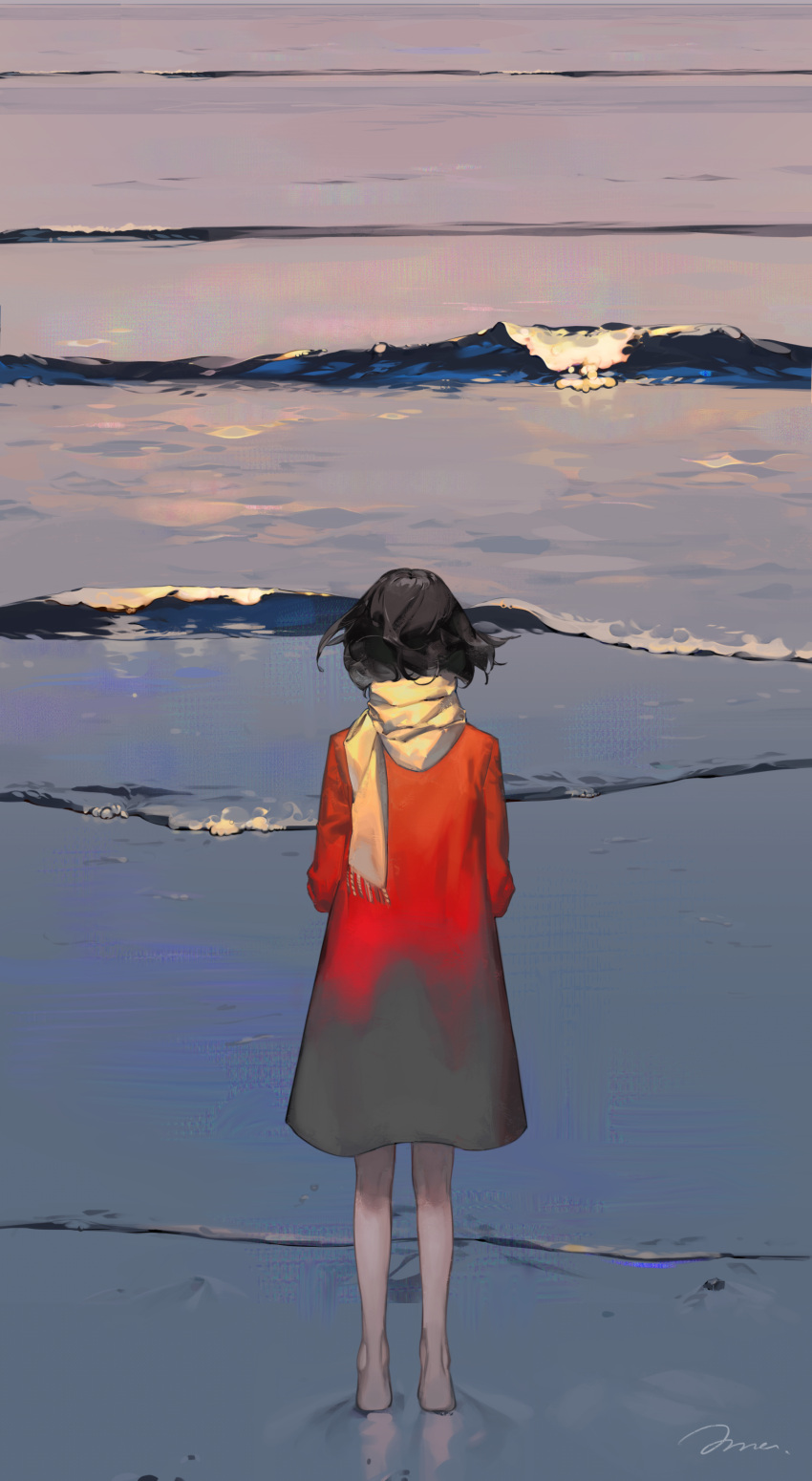 1girl absurdres barefoot black_hair coat color_drain commentary facing_away from_behind full_body gradient_coat grey_coat highres long_sleeves mallllma medium_hair ocean original outdoors red_coat scarf signature solo standing wading water waves white_scarf