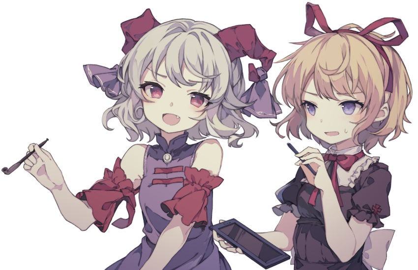 2girls black_shirt blonde_hair blue_dress blue_eyes blue_ribbon dress fang frilled_sleeves frills hair_ribbon highres holding horn_ornament horn_ribbon horns medicine_melancholy multiple_girls open_mouth red_eyes red_horns red_ribbon red_sleeves ribbon sato_imo sheep_horns shirt short_hair short_sleeves simple_background smile touhou toutetsu_yuuma upper_body white_background white_hair