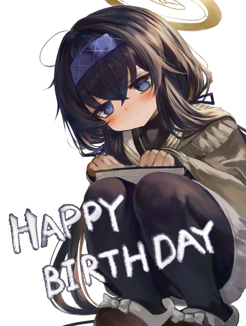 absurdres black_hair black_pantyhose blue_archive blue_eyes blue_hairband blush brown_cardigan brown_footwear cardigan closed_mouth commentary_request dokomon hair_between_eyes hairband halo happy_birthday highres korean_commentary long_hair long_sleeves pantyhose sailor_collar simple_background skirt sleeves_past_wrists slippers smile squatting ui_(blue_archive) very_long_hair white_background white_sailor_collar white_skirt