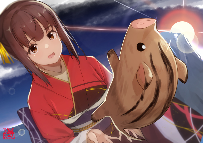 1girl :d black_eyes boar brown_eyes brown_hair clouds goemon1110 highres japanese_clothes kimono lens_flare light_rays looking_at_viewer medium_hair mountain outdoors red_kimono smile standing sunrise