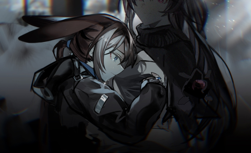 2girls amiya_(arknights) animal_ears arknights black_dress black_jacket blue_eyes brown_hair crying crying_with_eyes_open dress extra_ears head_out_of_frame highres hood hood_down hooded_jacket jacket jewelry long_hair long_sleeves multiple_girls ponytail rabbit_ears rabbit_girl ring tears theresa_(arknights) theta.ming two-tone_dress upper_body white_dress