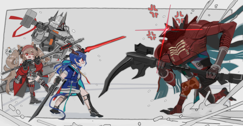 1other 3girls absurdres angelina_(arknights) angelina_(distinguished_visitor)_(arknights) anger_vein animal_ears arknights black_gloves ch'en_(arknights) chi_xiao_(arknights) demon_girl demon_horns destiny_(game) dragon_girl dragon_horns dragon_tail fox_ears fox_girl gloves hammer highres holding holding_hammer holding_scythe holding_staff horns jumpsuit mudrock_(arknights) multiple_girls nslacka scythe sledgehammer staff tail white_jumpsuit
