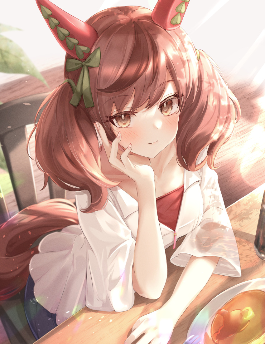 1girl absurdres animal_ears blush brown_eyes chair closed_mouth ear_covers food fork highres horse_ears horse_girl horse_tail medium_hair nice_nature_(umamusume) pancake plate redhead shirt short_sleeves sitting sky_cappuccino smile solo tail two_side_up umamusume white_shirt