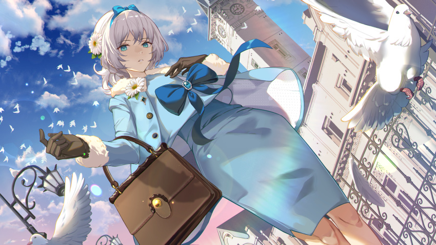 1girl alternate_costume an-94_(girls'_frontline) bag blue_bow blue_dress blue_eyes blue_jacket blue_sky bow brown_bag brown_gloves building clock clock_tower clouds cloudy_sky commission dawn dress dutch_angle english_commentary flock flower girls_frontline gloves hair_bow hair_flower hair_ornament handbag highres jacket looking_at_viewer niac sky solo tower white_dove white_hair