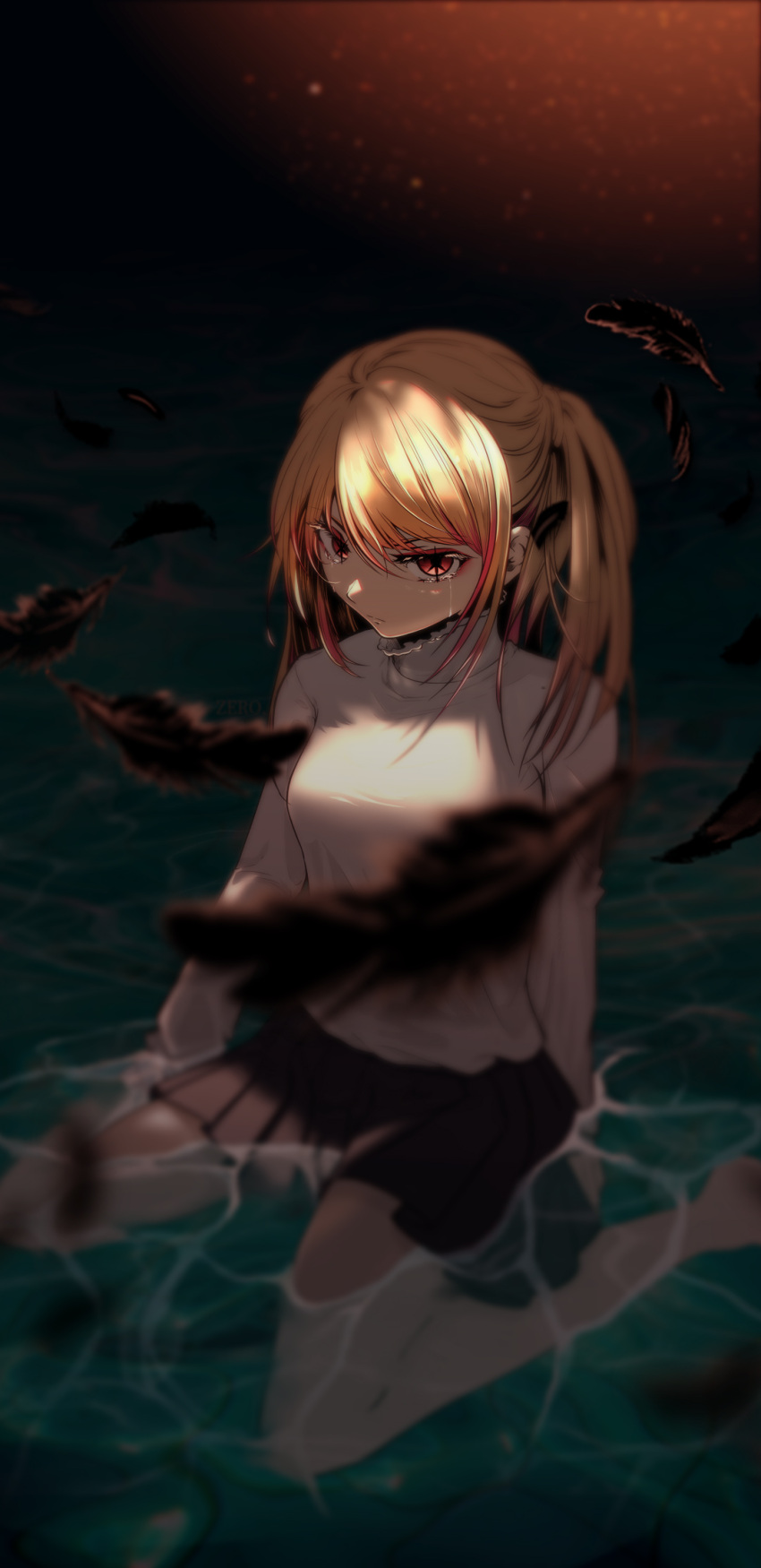 1girl black_feathers black_skirt blonde_hair blurry crying dark_background depth_of_field expressionless feathers gradient_hair highres hoshino_ruby long_hair looking_at_viewer multicolored_hair one_side_up oshi_no_ko pleated_skirt red_eyes redhead shallow_water shirt_tucked_in side_ponytail sidelocks sitting skirt solo star-shaped_pupils star_(symbol) streaming_tears sweater swept_bangs symbol-shaped_pupils tears turtleneck turtleneck_sweater valkyrierei wariza water white_sweater