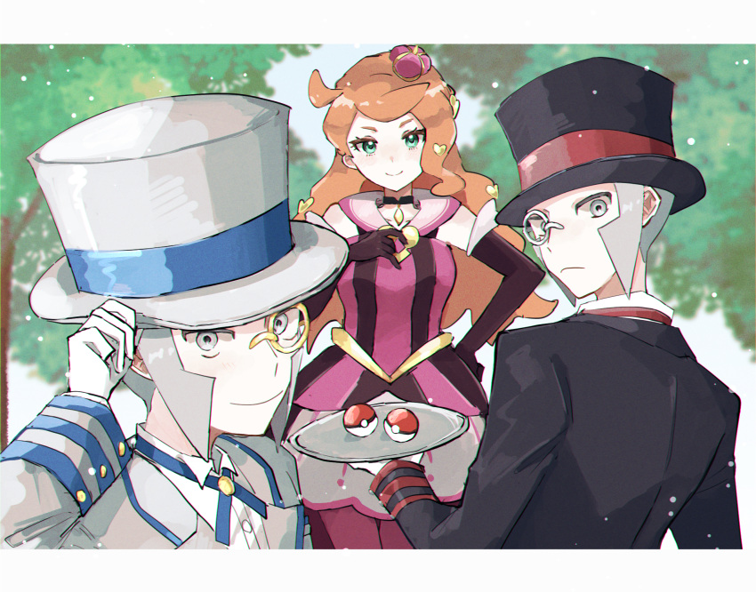 1girl 2boys black_headwear black_jacket brothers choker closed_mouth commentary_request crown dress elbow_gloves emmet_(pokemon) emmet_(special_costume)_(pokemon) eyelashes gloves green_eyes grey_eyes grey_hair hand_on_own_hip hand_up hat highres ingo_(pokemon) ingo_(special_costume)_(pokemon) jacket letterboxed long_hair long_sideburns looking_at_viewer m_(mxoqqq) mini_crown monocle multiple_boys official_alternate_costume orange_hair outdoors poke_ball poke_ball_(basic) pokemon pokemon_(game) pokemon_masters_ex short_hair siblings sideburns smile sonia_(pokemon) sonia_(special_costume)_(pokemon) top_hat tray