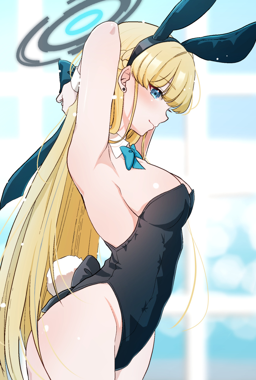 1girl armpits arms_up blonde_hair blue_archive bow bowtie breasts detached_collar ear_piercing from_side hair_bow halo highleg highleg_leotard highres leotard long_hair piercing playboy_bunny rabbit_tail sideboob tail toki_(blue_archive) toki_(bunny)_(blue_archive) utenkekkou02 very_long_hair wrist_cuffs