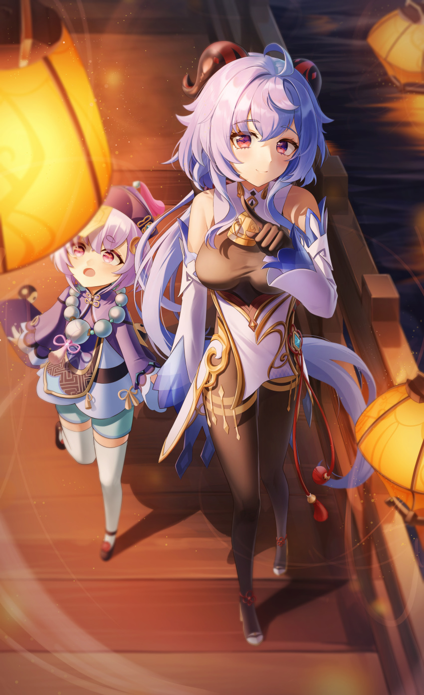 2girls absurdres ahoge bare_shoulders bead_necklace beads bell black_gloves black_pantyhose blue_hair blush braid breasts chinese_knot coin_hair_ornament detached_sleeves flower_knot full_body ganyu_(genshin_impact) genshin_impact gloves gold_trim hair_ornament hat high_heels highres horns jewelry jiangshi lantern long_hair long_sleeves looking_at_viewer low_ponytail medium_breasts multiple_girls neck_bell necklace night open_mouth pantyhose paper_lantern purple_hair qiqi_(genshin_impact) sidelocks smile tassel thighlet tiokun7 violet_eyes vision_(genshin_impact) white_sleeves