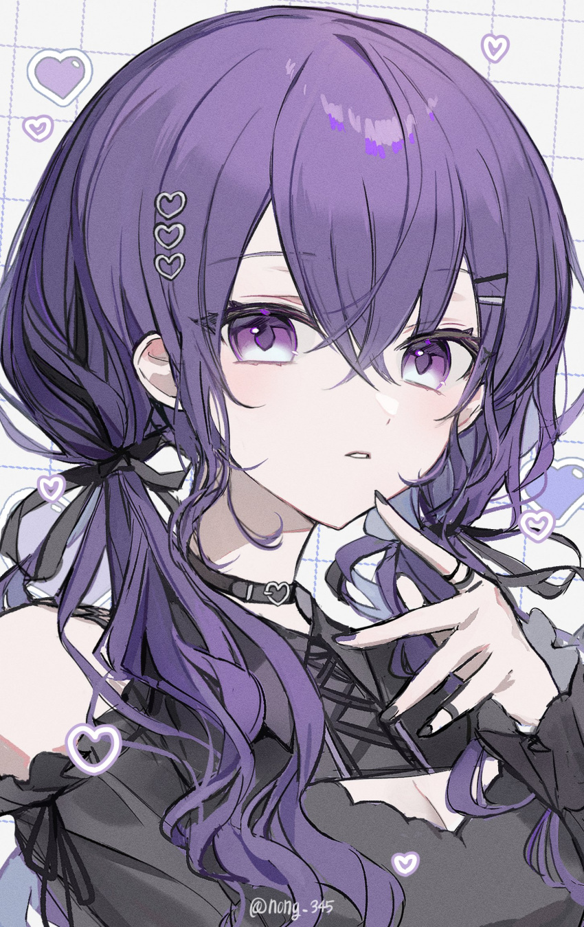1girl asahina_mafuyu bare_shoulders black_choker black_dress black_nails black_ribbon choker clothing_cutout dress hair_ornament heart heart_hair_ornament highres jewelry looking_at_viewer low_twintails multiple_rings nong_345 parted_lips pinky_ring project_sekai purple_hair ribbon ribbon_braid ring shoulder_cutout solo twintails upper_body violet_eyes
