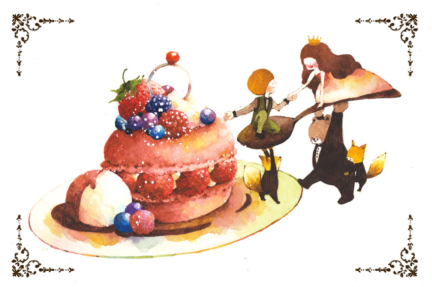 2girls bear blueberry brown_hair cake crown food food_focus fox fruit long_hair long_sleeves multiple_girls open_mouth original oversized_food painting_(medium) plate profile raspberry short_hair simple_background smile strawberry traditional_media w_orion watercolor_(medium) white_background