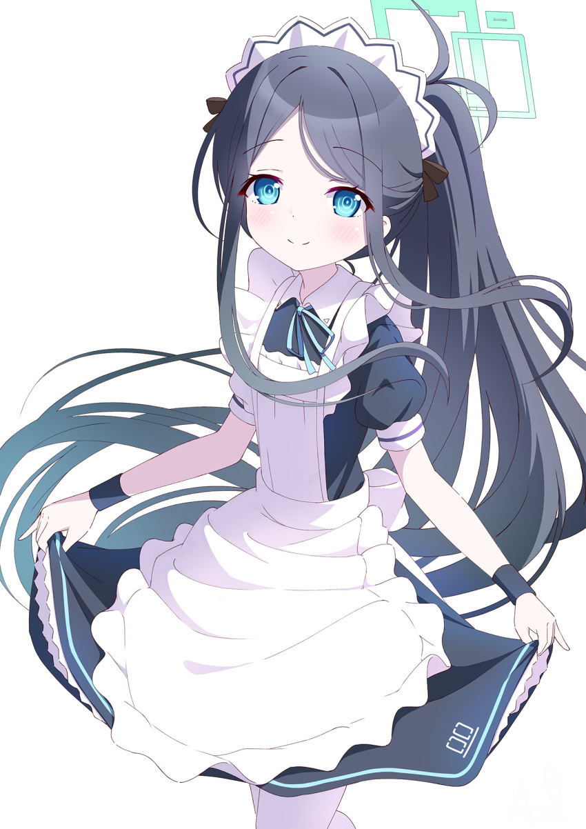 1girl alternate_costume alternate_hairstyle apron aris_(blue_archive) aris_(maid)_(blue_archive) azel_(laevateinn495) blue_archive blue_eyes blue_hair blush commentary_request dark_blue_hair enmaided hair_ornament halo highres long_hair looking_at_viewer maid maid_apron pantyhose ponytail simple_background smile solo white_background