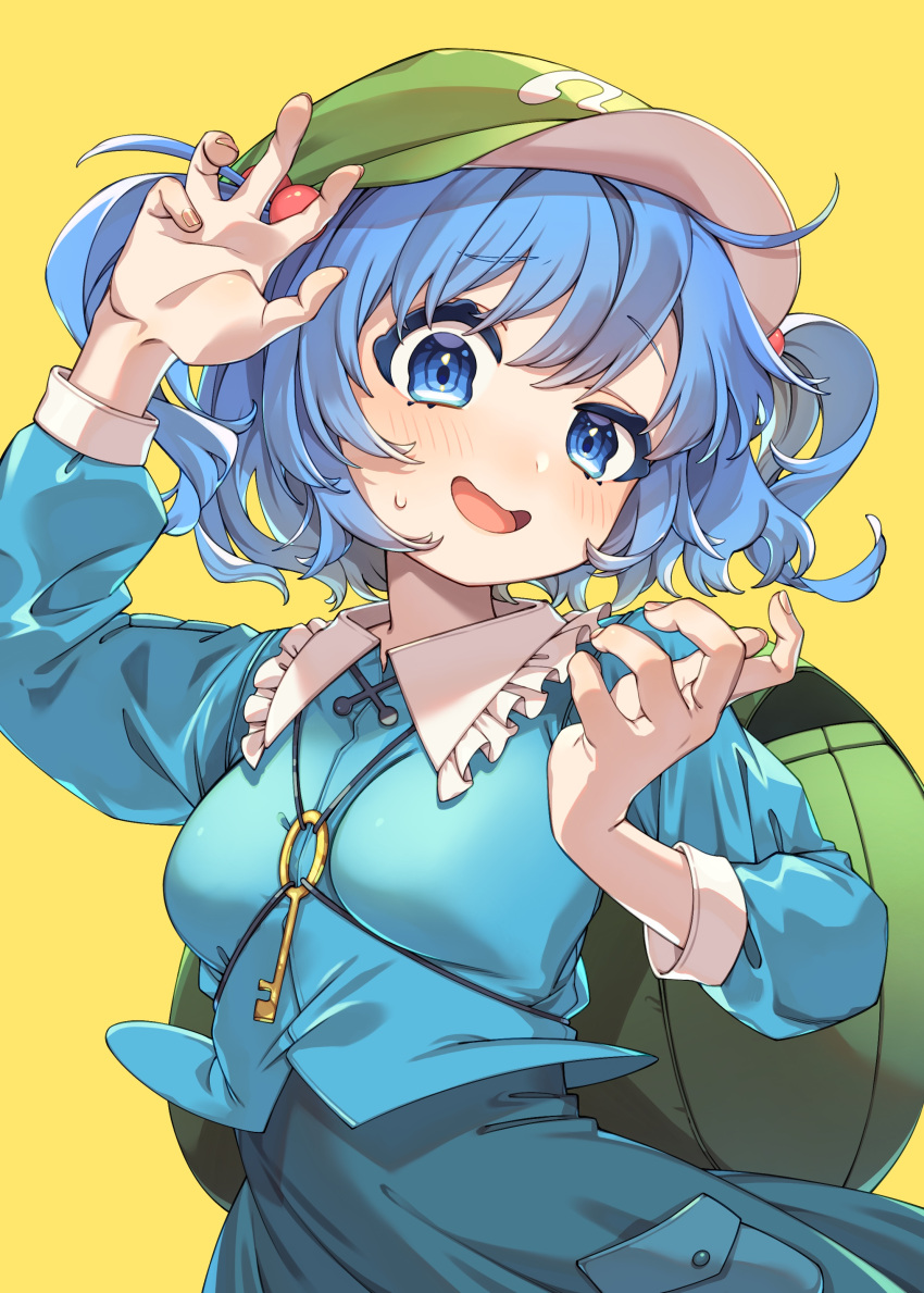 1girl absurdres blue_eyes blue_hair blue_shirt blue_skirt breasts e_sdss fingernails frilled_shirt_collar frills hands_up hat highres kawashiro_nitori key open_mouth shirt short_hair simple_background skirt small_breasts smile solo sweat touhou twintails two_side_up uneven_eyes yellow_background