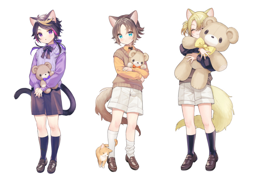 3boys aged_down animal_ears ayame_(3103942) black_hair black_shirt black_shorts black_socks blonde_hair blue_eyes blush bow bowtie brown_footwear brown_hair brown_sweater_vest cat cat_boy cat_ears cat_tail closed_eyes commentary full_body loafers long_hair long_sleeves luca_kaneshiro male_focus multiple_boys mysta_rias nijisanji nijisanji_en orange_shirt parted_bangs pink_hair ponytail purple_bow purple_bowtie purple_shirt purple_sweater_vest shirt shoes shorts shu_yamino simple_background socks stuffed_animal stuffed_toy sweater_vest symbol-only_commentary tail teddy_bear violet_eyes white_background white_shorts white_socks