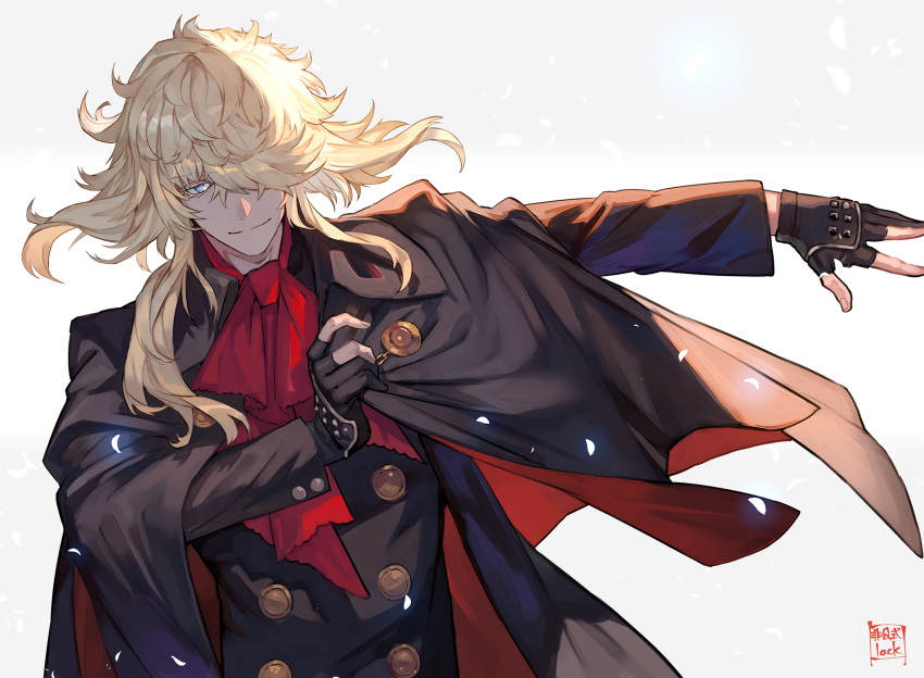 1boy adjusting_clothes artist_logo artist_name ascot black_coat black_gloves blonde_hair blue_eyes buttons closed_mouth coat collared_coat colored_eyelashes double-breasted dressing gloves hair_over_one_eye hair_over_shoulder highres ichimonji_norimune lack long_sleeves male_focus official_alternate_costume partially_fingerless_gloves petals red_ascot simple_background smile solo touken_ranbu white_background