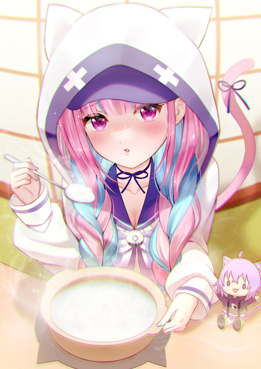 1girl animal_hood architecture baseball_cap blue_choker blue_hair blue_headwear blue_nails blue_sailor_collar blunt_bangs blush braid cat_girl cat_hood character_doll choker collarbone commentary east_asian_architecture eating frilled_sailor_collar frills from_above hat hat_under_hood highres holding holding_spoon hololive hood hood_up indoors long_hair long_sleeves looking_at_viewer minato_aqua minato_aqua_(2nd_outfit) multicolored_hair nail_polish nekomata_okayu official_alternate_costume official_alternate_hairstyle open_mouth pink_hair ribbon_choker rice_porridge sailor_collar sailor_shirt shirt short_sleeves sidelocks sliding_doors solo spoon streaked_hair twin_braids twintails two-tone_hair unisanjou violet_eyes virtual_youtuber white_shirt