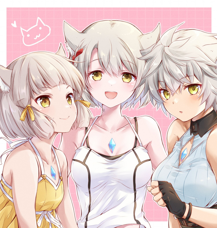 3girls animal_ear_fluff animal_ears bare_shoulders black_gloves blunt_bangs blush border breasts cat_ears chest_jewel closed_mouth collarbone commentary_request core_crystal_(xenoblade) facial_mark fingerless_gloves gem gloves grey_hair hair_between_eyes height_difference highres looking_at_viewer medium_breasts mio_(xenoblade) multiple_girls na'el_(xenoblade) neck_tattoo nia_(xenoblade) open_mouth outside_border pink_background shirt short_hair sleeveless sleeveless_shirt small_breasts smile swept_bangs tank_top tattoo trait_connection ui_frara white_border white_shirt white_tank_top xenoblade_chronicles_(series) xenoblade_chronicles_2 xenoblade_chronicles_3 xenoblade_chronicles_3:_future_redeemed yellow_eyes yellow_shirt