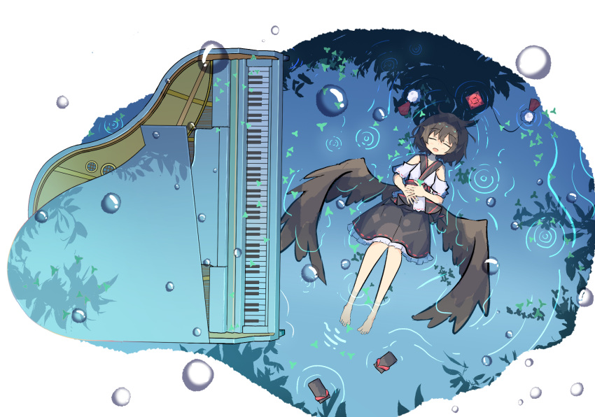 1girl afloat bare_legs bare_shoulders barefoot bird_wings black_hair black_skirt black_wings closed_eyes commentary deemo facing_viewer feathered_wings frilled_skirt frills from_above grand_piano hat hat_removed headwear_removed highres instrument low_wings lying medium_hair on_back open_mouth outdoors own_hands_together piano pom_pom_(clothes) primsla reflection ripples sandals sandals_removed shameimaru_aya shirt short_sleeves skirt solo tokin_hat touhou water water_drop white_shirt wide_shot wings