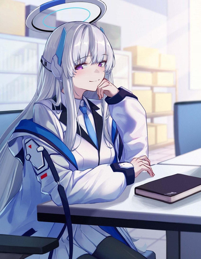 1girl 3_small_spiders blue_archive blue_necktie blunt_bangs book formal grey_hair halo hand_on_own_cheek hand_on_own_face headphones highres jacket jacket_partially_removed long_hair looking_at_viewer mechanical_halo necktie noa_(blue_archive) sitting skirt smile star_sticker suit two-sided_fabric two-sided_jacket violet_eyes white_jacket white_skirt white_suit