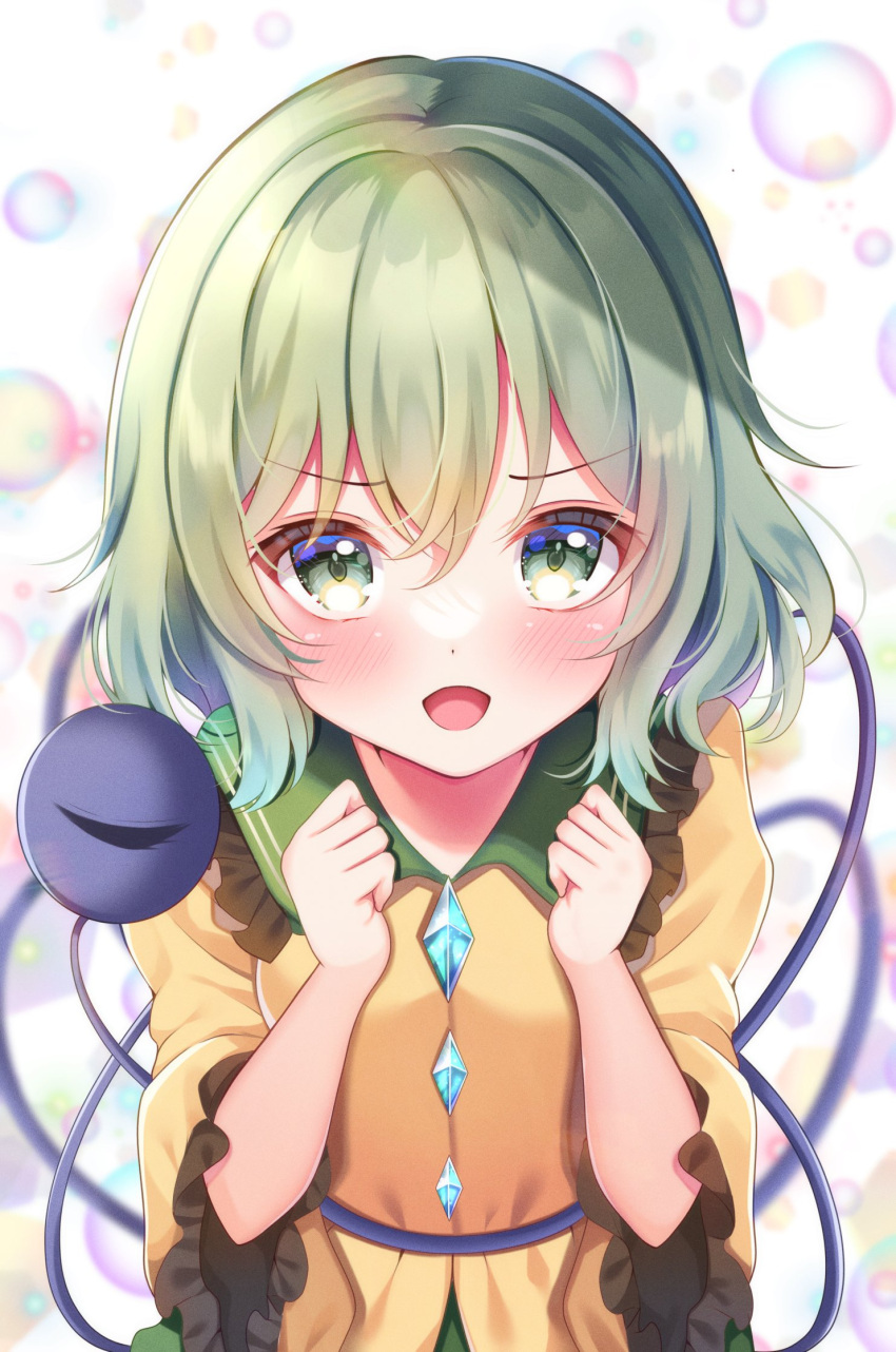 1girl :d blurry blush breasts depth_of_field from_above green_eyes green_hair hair_between_eyes hands_up highres komeiji_koishi looking_at_viewer medium_hair no_headwear open_mouth shirotsuki_shirone shirt simple_background sleeves_past_elbows small_breasts smile solo third_eye touhou white_background yellow_shirt