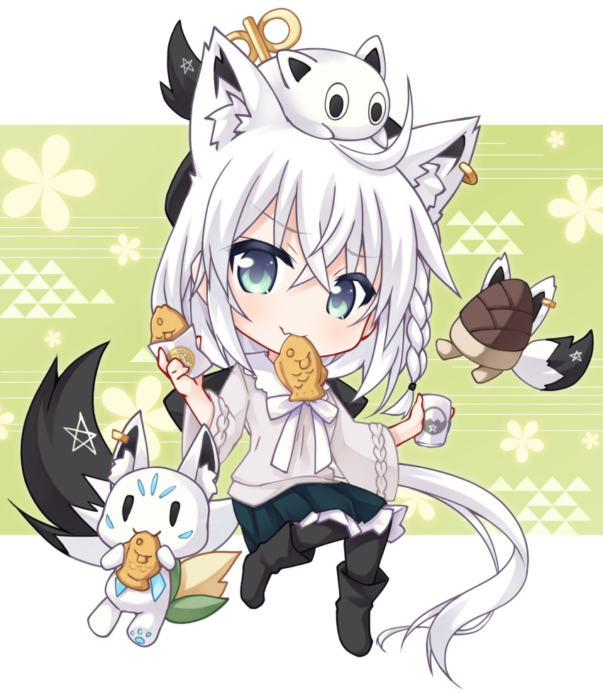 1girl ahoge animal_ear_fluff animal_ears black_footwear black_pantyhose boots braid chibi commentary_request cup earrings eating food food_in_mouth fox_ears fox_girl fox_tail green_eyes green_skirt hair_between_eyes hanatsumi highres holding holding_cup hololive jewelry long_hair looking_at_viewer mascot nejima_kitsune_(shirakami_fubuki) oruyanke_(shirakami_fubuki) pantyhose pentagram shirakami_fubuki shirt sidelocks single_braid skirt sukonbu_(shirakami_fubuki) tail taiyaki virtual_youtuber wagashi white_hair white_shirt yunomi
