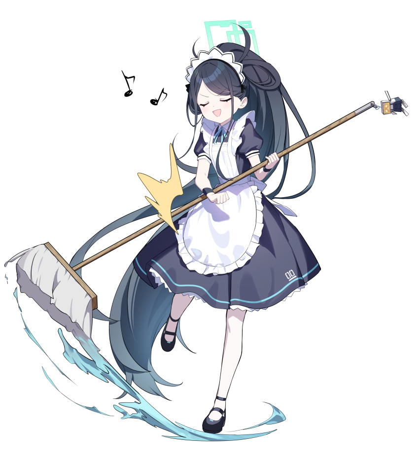 1girl absurdres aris_(blue_archive) aris_(maid)_(blue_archive) black_footwear black_hair blue_archive broom closed_eyes commentary full_body halo highres holding holding_broom long_hair maid maid_headdress musical_note official_alternate_costume ohihil open_mouth pantyhose ponytail shoes simple_background solo very_long_hair water white_background white_pantyhose