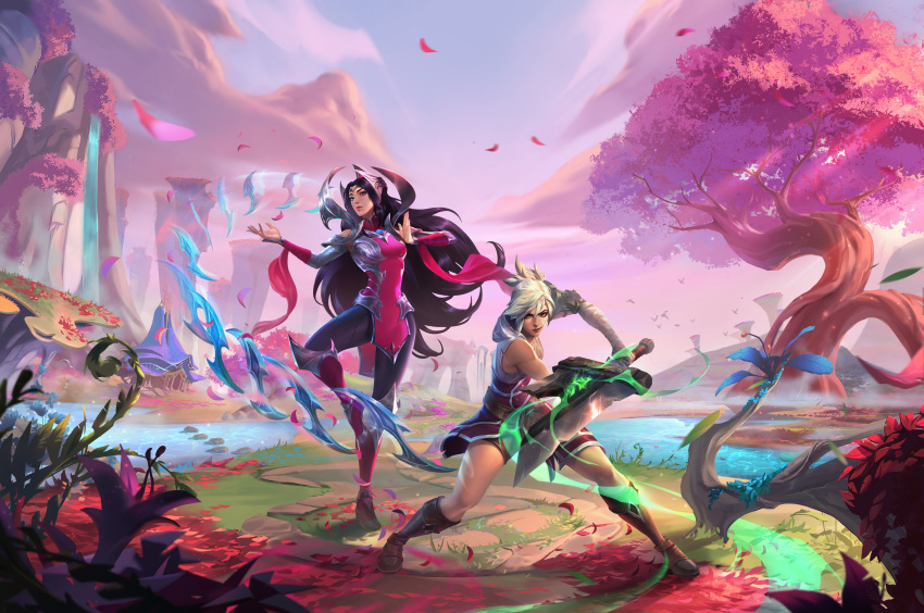 2girls absurdres bandaged_arm bandages black_hair bodysuit boots breasts broken broken_sword broken_weapon clouds fighting_stance floating floating_object floating_sword floating_weapon folded_ponytail hair_ornament highres holding holding_sword holding_weapon irelia league_of_legends league_of_legends:_wild_rift long_hair multiple_girls official_art outdoors petals qi_mang_(qimang) riven_(league_of_legends) sky sword very_long_hair weapon white_hair