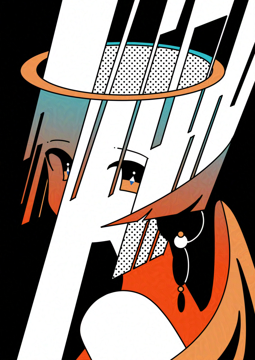 1girl abstract black_background black_hair covered_face halftone highres looking_at_viewer machigami_yoh orange_eyes original portrait solo