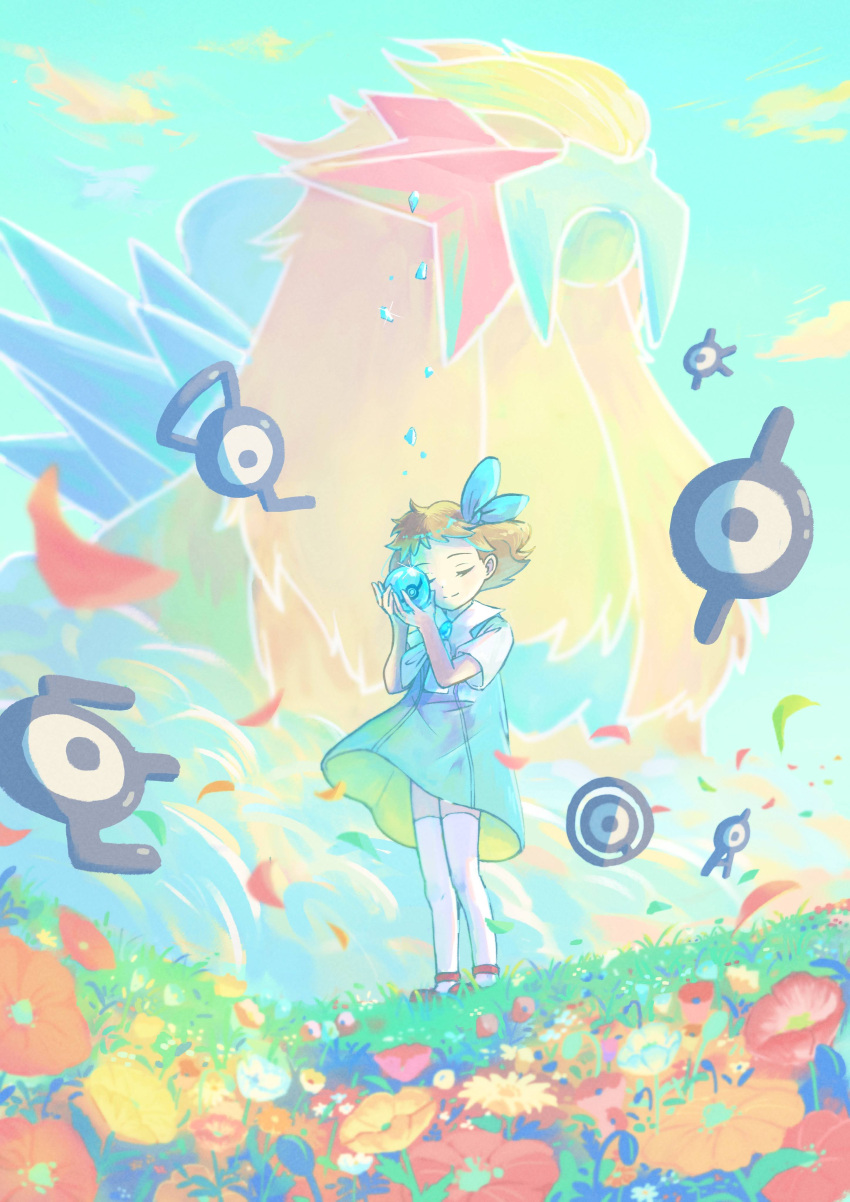 1girl absurdres closed_eyes closed_mouth clouds commentary_request day dress entei eyelashes falling_petals flower grass hair_ribbon hands_up highres holding holding_poke_ball luna_mokamoka molly_hale outdoors petals poke_ball pokemon pokemon_(anime) pokemon_(classic_anime) pokemon_(creature) pokemon_3:_the_movie_-_spell_of_the_unown:_entei red_flower red_footwear ribbon shoes short_sleeves sky smile split_mouth standing thigh-highs unown white_thighhighs