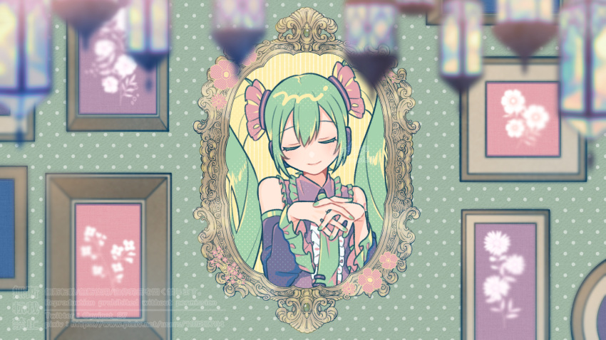 1girl black_sleeves closed_eyes detached_sleeves green_hair green_nails green_necktie grey_shirt hatsune_miku highres long_hair necktie picture_frame sakuhana87 shirt solo twintails vocaloid