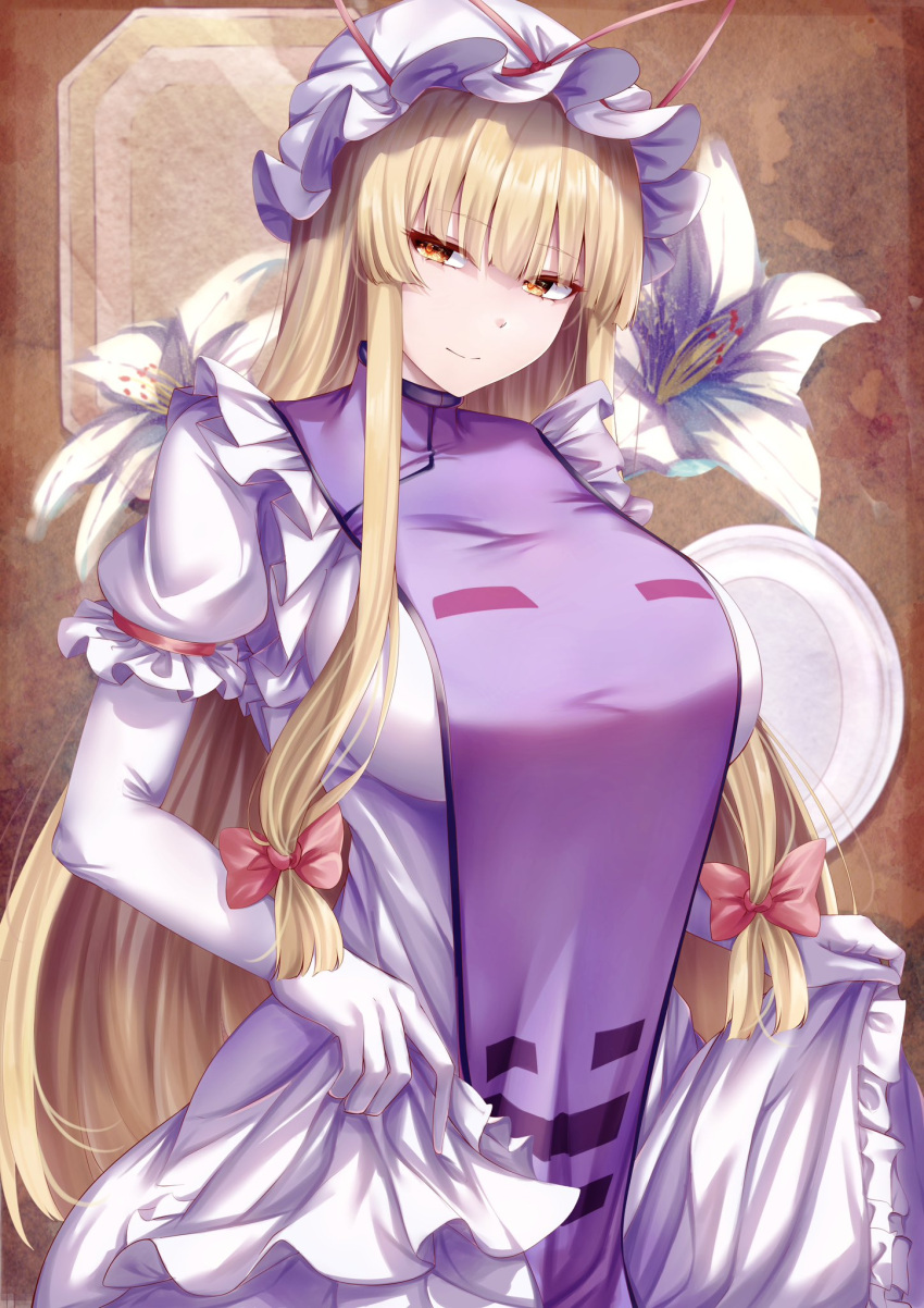1girl blonde_hair bow brown_background closed_mouth clothes_lift commentary dress dress_lift gloves hair_bow hat highres large_pectorals lifted_by_self long_hair mirufui mob_cap pectorals sidelocks smile solo tabard touhou white_gloves white_headwear yakumo_yukari yellow_eyes