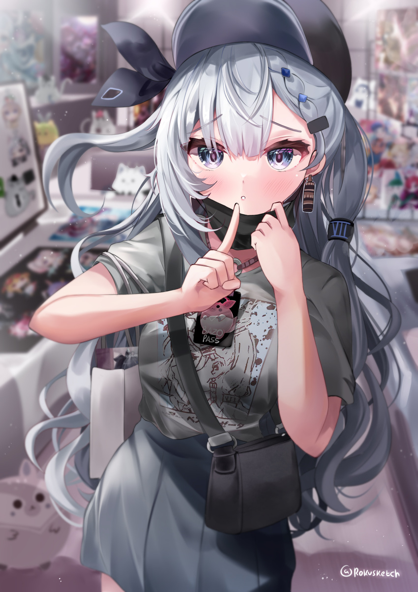 1girl absurdres bag bazo_(vestia_zeta) blurry blurry_background blush casual earrings grey_eyes grey_hair hat highres hololive hololive_indonesia index_finger_raised indoors jewelry long_hair looking_at_viewer mask mouth_mask parted_lips rokusketch shoulder_bag twitter_username vestia_zeta virtual_youtuber