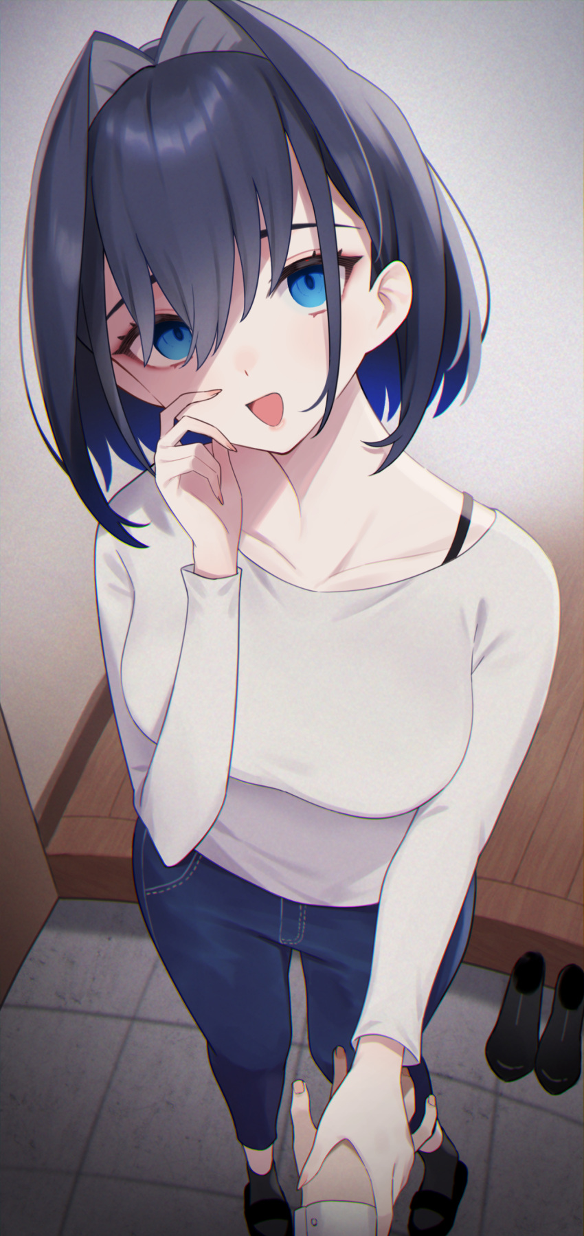 1boy 1girl absurdres black_hair blue_eyes blue_hair bra_strap breasts crazy crazy_eyes crazy_smile denim empty_eyes false_smile gukurosawa01 hair_intakes hand_grab hands_on_own_face highres holding hololive hololive_english jealous jeans large_breasts long_sleeves looking_at_viewer medium_hair open_mouth ouro_kronii pants shaded_face shirt smile solo virtual_youtuber white_shirt yandere
