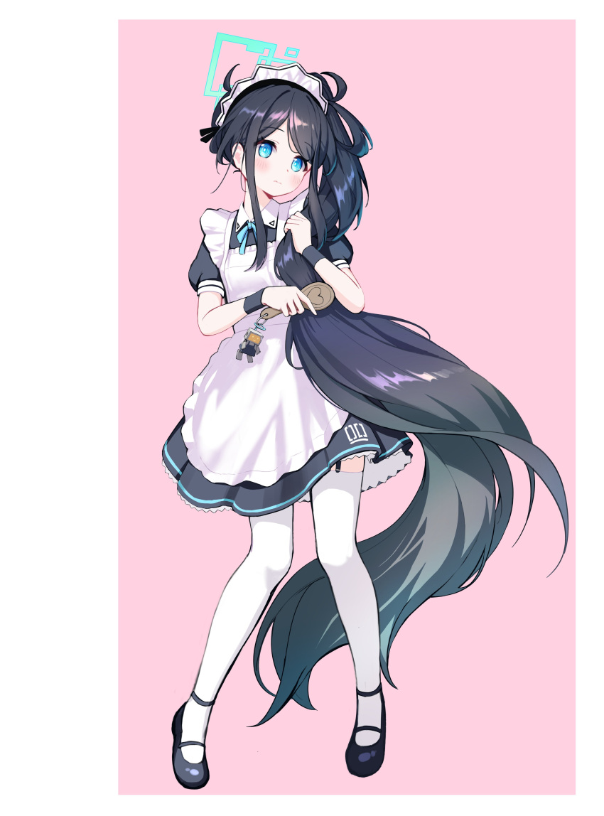 1girl absurdres apron aris_(blue_archive) aris_(maid)_(blue_archive) black_footwear black_hair black_wristband blue_archive blue_eyes blue_ribbon blush bright_pupils closed_mouth comb commentary dress frilled_dress frilled_skirt frills full_body halo heart highres holding holding_comb holding_hair keychain long_hair looking_at_viewer maid maid_apron maid_headdress mechanical_halo official_alternate_costume official_alternate_hairstyle pink_background ponytail puffy_short_sleeves puffy_sleeves ribbon short_sleeves skirt standing supersugar swept_bangs thigh-highs two-tone_background very_long_hair white_background white_thighhighs wristband