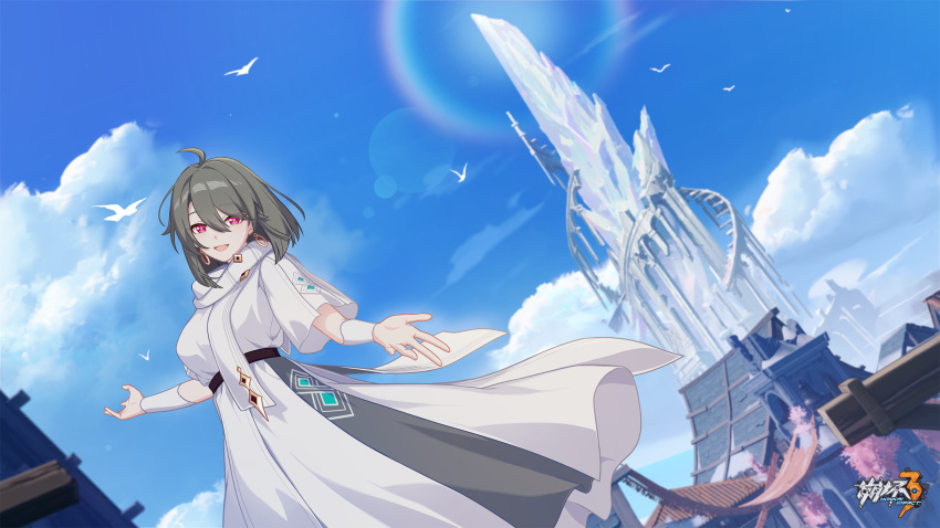 1girl ahoge animal bird blue_sky breasts chinese_commentary day dove dress earrings highres honkai_(series) honkai_impact_3rd jewelry large_breasts logo looking_at_viewer medium_hair official_art official_wallpaper open_hands open_mouth outdoors red_eyes scarf sky solo standing tower vita_(honkai_impact) white_dress white_scarf white_sleeves yellow_pupils