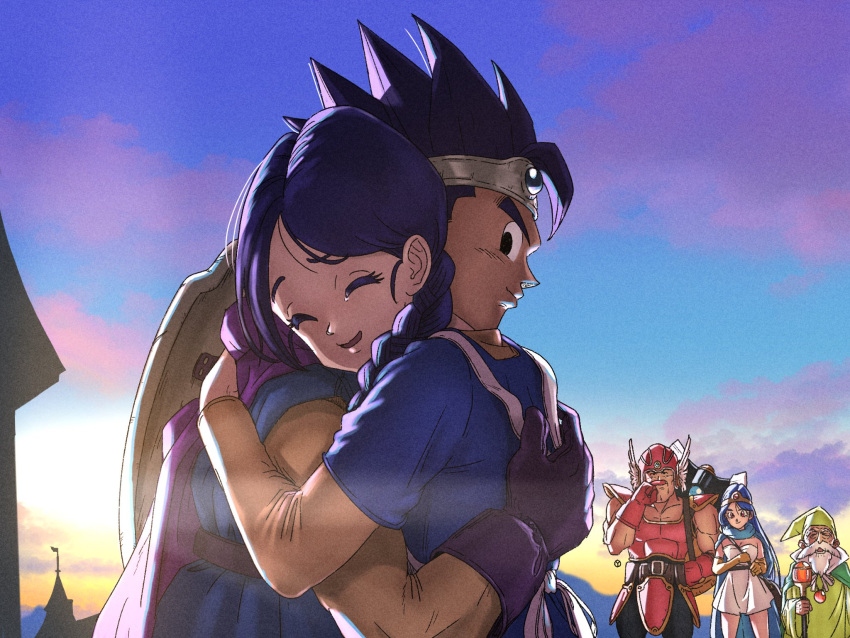 blue_hair circlet crying dragon_quest dragon_quest_iii helmet hero's_mother_(dq3) hero_(dq3) highres hug long_hair mage_(dq3) mother_and_son motherly roto_(dq3) sage_(dq3) soldier_(dq3) staff winged_helmet yuto_sakurai