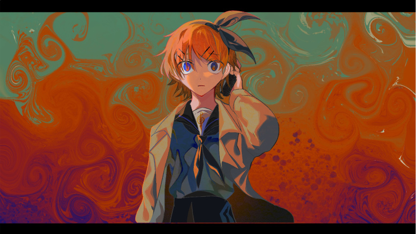 1girl abstract_background absurdres alternate_costume alternate_eye_color alternate_hair_color black_bow black_neckerchief black_sailor_collar black_skirt blue_eyes bow coat commentary_request cowboy_shot gouu grey_shirt hair_bow hair_ornament hairclip hand_up highres holding kagamine_rin letterboxed light_frown long_sleeves multicolored_eyes neckerchief netsu_ijou_(utau) open_clothes open_coat open_mouth orange_eyes orange_hair outside_border sailor_collar school_uniform serafuku shirt shirt_tucked_in short_hair skirt solo swept_bangs swirl treble_clef vocaloid wide-eyed worried