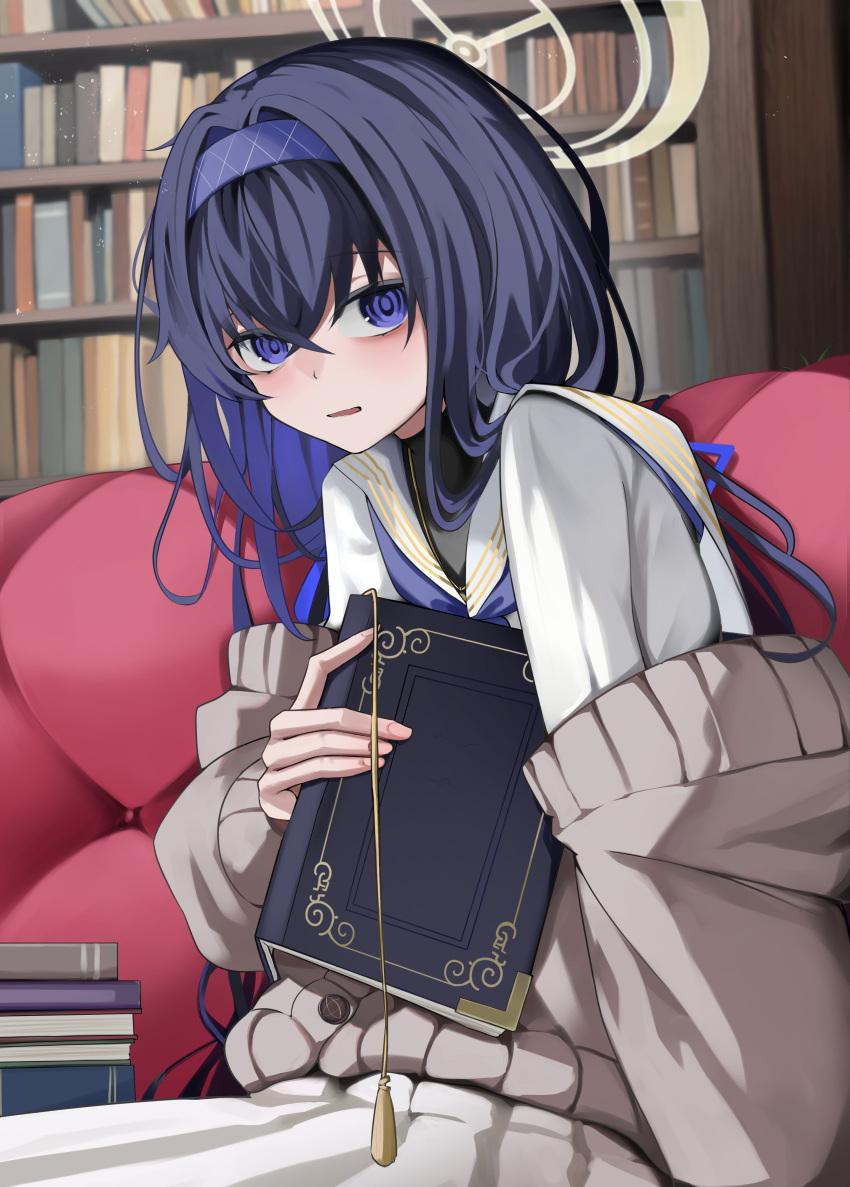 1girl absurdres blue_archive blush book book_stack bookshelf cardigan hairband halo highres jewelry long_hair looking_at_viewer necklace off_shoulder parted_lips purple_hair san_(harutuki_3) school_uniform serafuku solo ui_(blue_archive) violet_eyes