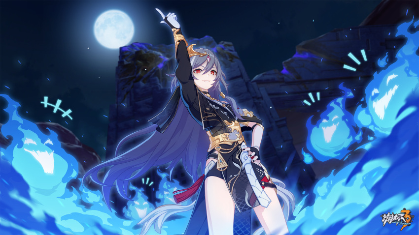 +++ 1girl :d ^_^ arm_up asymmetrical_clothes bare_legs black_gloves black_nails black_sleeves blue_fire chinese_clothes chinese_commentary closed_eyes evil_smile fire fu_hua fu_hua_(herrscher_of_sentience) full_moon gloves grey_hair hand_on_own_hip highres honkai_(series) honkai_impact_3rd logo long_hair moon multicolored_hair nail_polish night official_art official_wallpaper outdoors parted_lips red_eyes sky smile solo standing streaked_hair white_gloves yellow_pupils