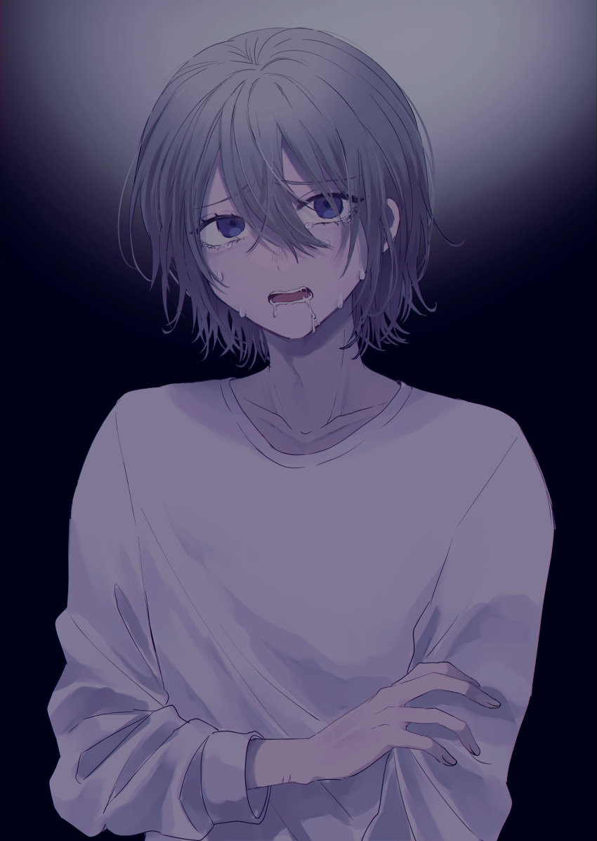 1boy absurdres blue_eyes borrowed_character collarbone commentary_request drooling eyes_visible_through_hair grey_hair hair_between_eyes hair_over_one_eye highres long_sleeves male_focus medium_hair open_mouth original saliva shirt solo sweat uououoon upper_body white_shirt