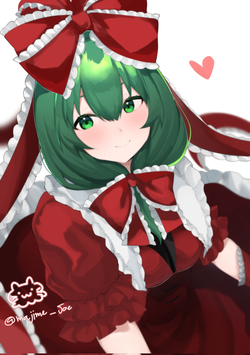 1girl bow closed_mouth dress frilled_bow frilled_ribbon frilled_sleeves frills front_ponytail green_eyes green_hair hair_between_eyes hair_bow hair_ribbon heart highres kagiyama_hina long_hair majime_joe red_bow red_dress red_ribbon ribbon short_sleeves signature simple_background smile solo touhou twitter_username white_background