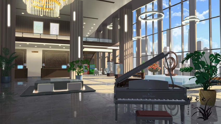 artist_logo building ceiling_light chair city day display flower highres indoors instrument no_humans original piano plant potted_plant scenery stairs table vase vending_machine window xingzhi_lv