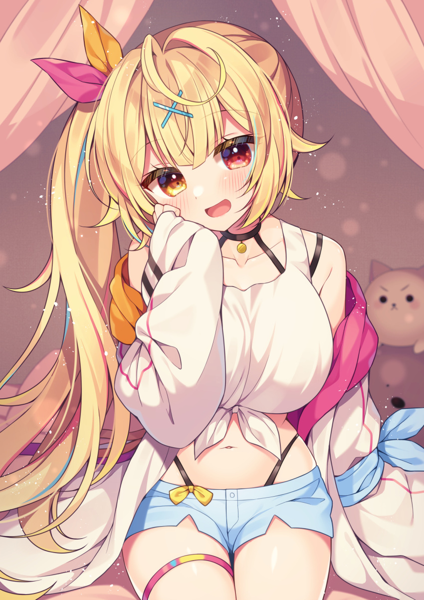 1girl blonde_hair blue_shorts blush breasts choker collarbone hair_ornament hair_ribbon heterochromia highleg highleg_panties highres hoshikawa_sara huge_breasts jacket long_hair looking_at_viewer midriff navel nijisanji on_bed open_mouth panties panty_straps red_eyes ribbon shirt shorts side_ponytail smile solo stuffed_animal stuffed_toy tank_top thigh_strap tied_shirt ujiie underwear virtual_youtuber white_jacket white_tank_top x_hair_ornament yellow_eyes