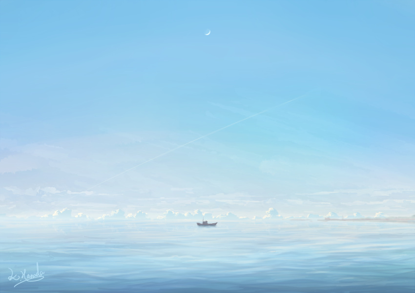 alu.m_(alpcmas) artist_name blue_sky boat clouds crescent_moon day horizon moon no_humans ocean original outdoors scenery signature sky water watercraft