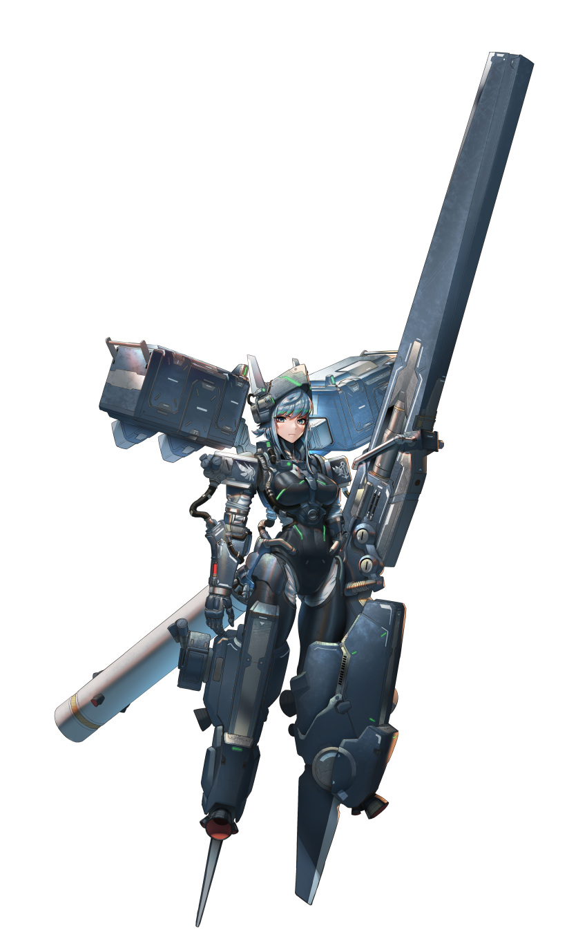 1girl absurdres aqua_eyes arm_cannon armored_bodysuit arms_at_sides blue_hair breasts cannon cyborg forehead_protector full_body headgear highres ksb_(qwop03) looking_at_viewer mecha_musume medium_breasts missile_pod original science_fiction short_hair solo thrusters weapon white_background