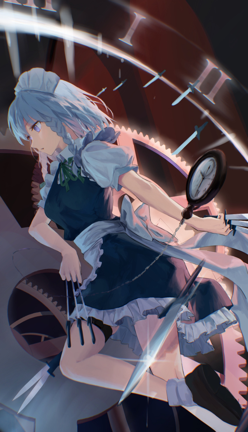 1girl absurdres apron back_bow black_dress black_footwear bow braid collared_shirt dated_commentary dress foot_out_of_frame frilled_dress frills from_side gears green_ribbon grey_eyes grey_hair highres holding holding_knife izayoi_sakuya knife maid_headdress medium_hair mo_yu_de_jiaozi neck_ribbon parted_lips pocket_watch profile puffy_short_sleeves puffy_sleeves ribbon shirt shoes short_sleeves socks solo touhou twin_braids waist_apron watch white_apron white_bow white_shirt white_socks