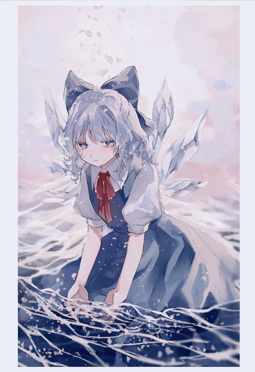 1girl :| absurdres blue_bow blue_dress blue_eyes blue_hair blush border bow cirno closed_mouth collared_shirt cowboy_shot detached_wings dress expressionless hair_bow highres ice ice_wings katai_(nekoneko0720) looking_at_viewer medium_hair neckerchief puffy_short_sleeves puffy_sleeves red_neckerchief shirt short_sleeves sleeve_cuffs solo touhou wading water white_border white_shirt wings